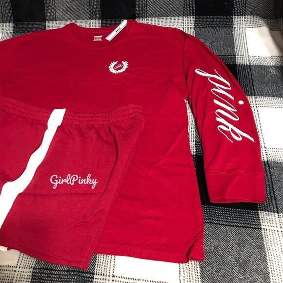 Victoria's Secret PINK short OUTFIT IN RED LACQUER LOGO WITH CAMPUS TEE SIZE XL - Picture 2 of 9